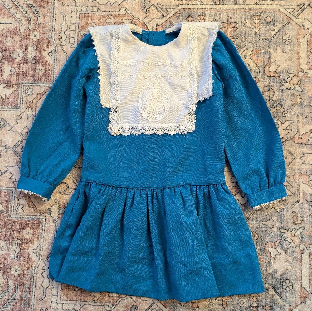 Vintage Toddler Dress Prairie Blue With White Southern Belle Doily Collar